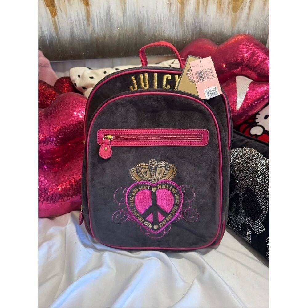 Vintage y2k black hot pink & gold peace velour juicy couture backpack NWT